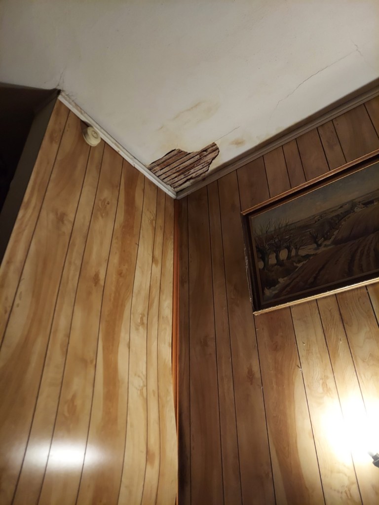 a corner or a very high ceiling. There is a place about the size of a dinner plate where the plaster has fallen off and you see the lath underneath. the 70's faux-wood paneling on the walls is badly bowed on the left side