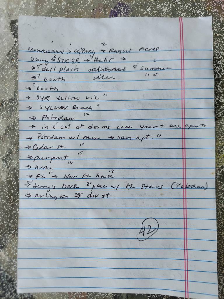 a messy handwritten log of moves (in shorthand)