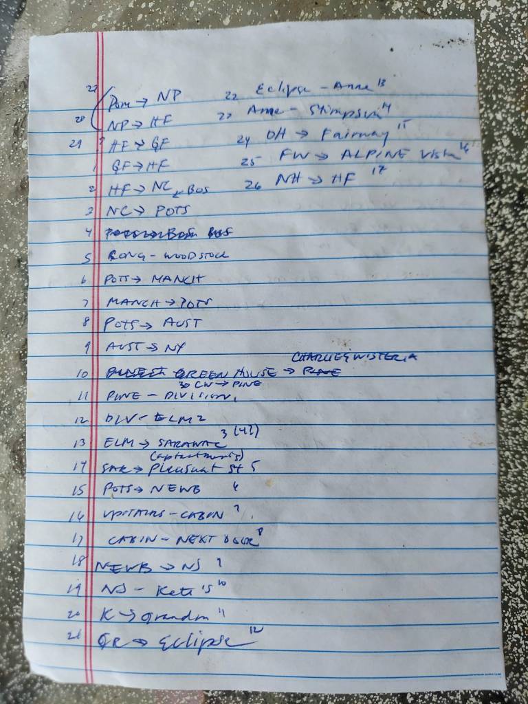 a messy handwritten note counting moves in short-hand