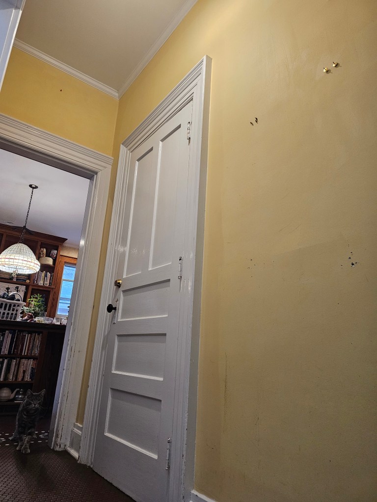 the laundry hall - an expanse of yellow wall on the right, a closed white door in the middle, and the door frame into the kitchen on the left