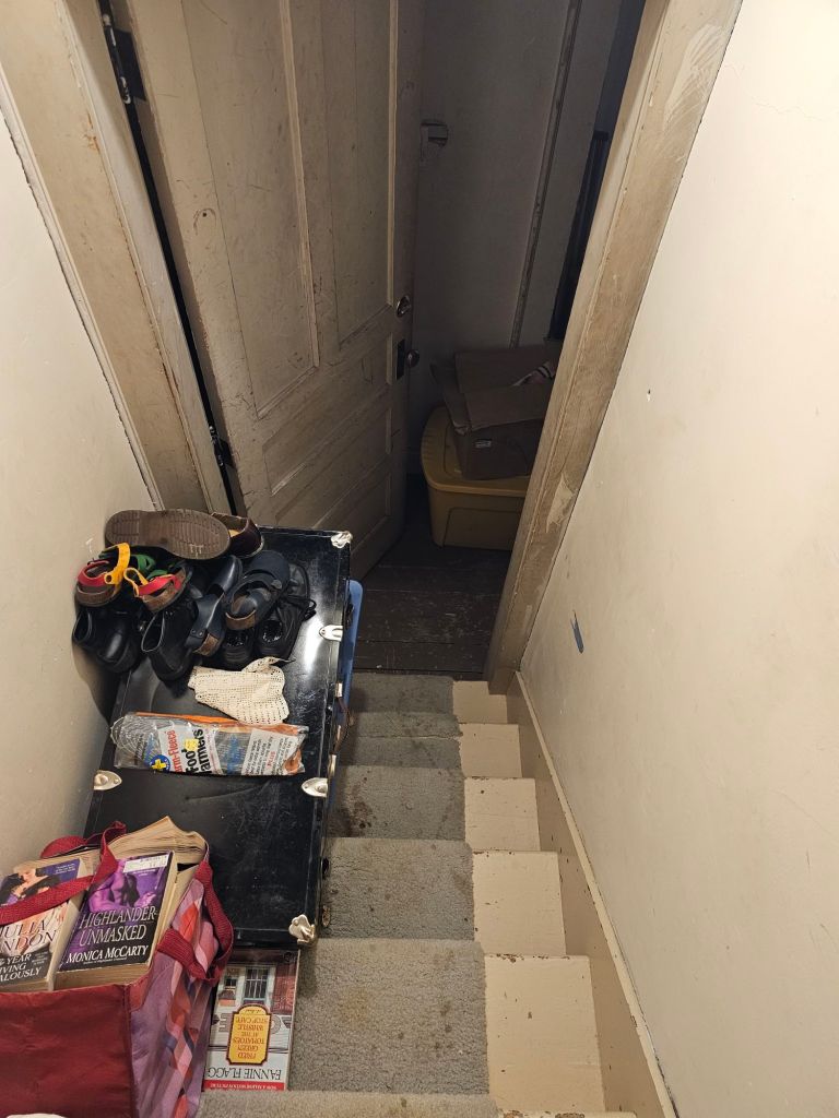 looking down a staircase, white with a grey carpet runner paint is chipped and beat up, carpet is stained, but both are as clean as possible. The left half of the stairs is stacked with random stuff, the right side is totally clear. In the back you see an open door