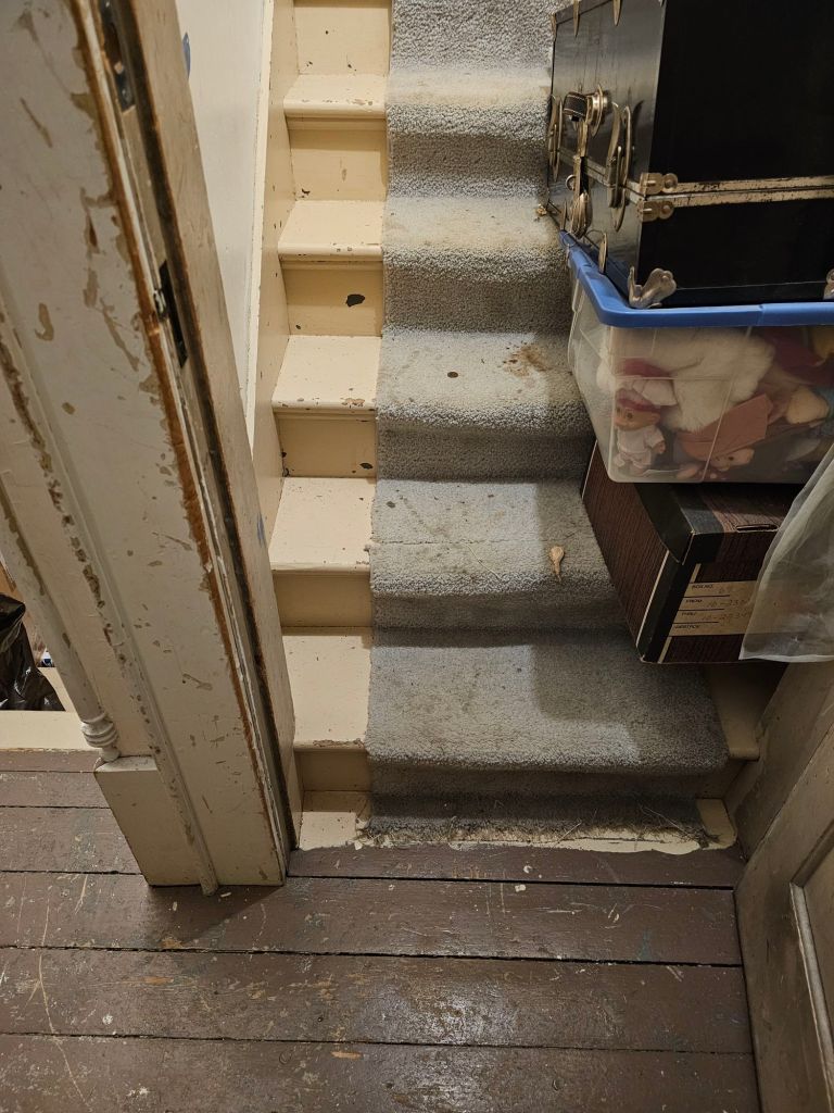 looking up the same staircase, so the left side is clear, on the right there is a chest on top of a bin on top of a box